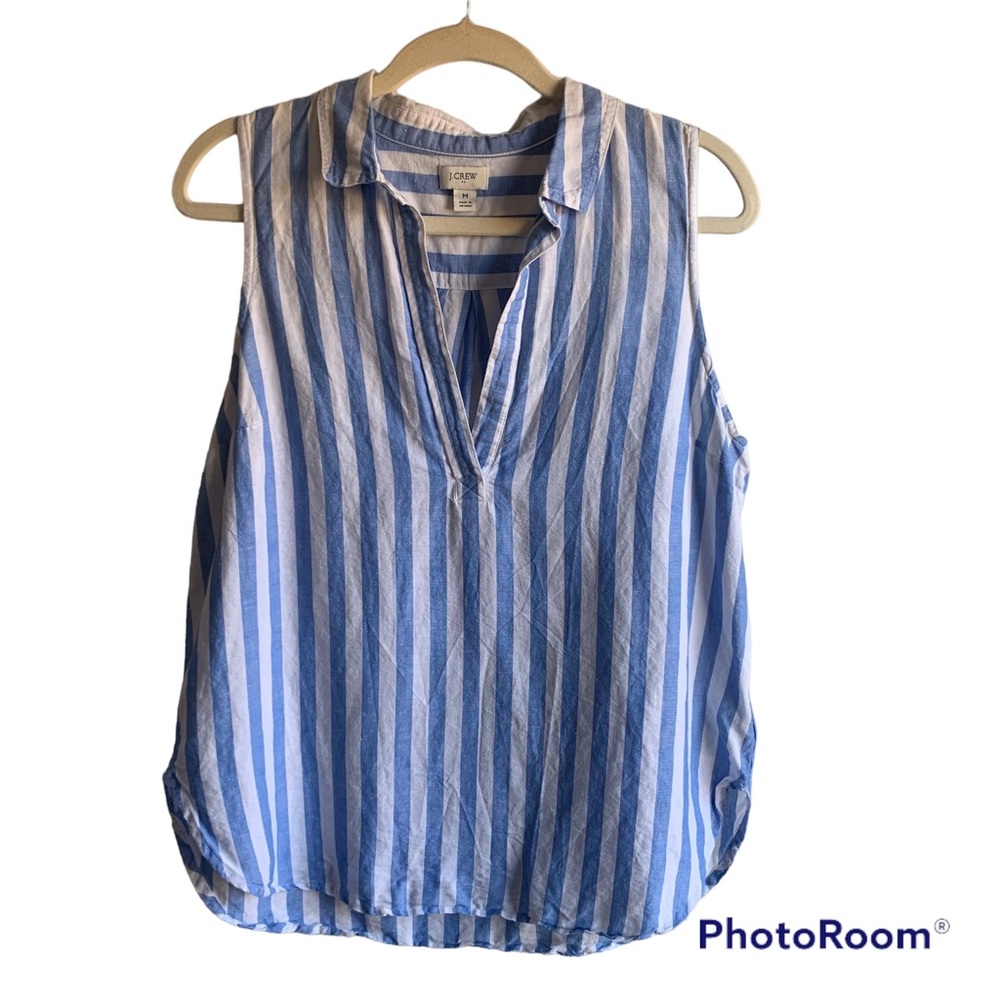 J Crew Blue & White Stripe Linen Blend Sleeveless Tunic Top Size Medium
